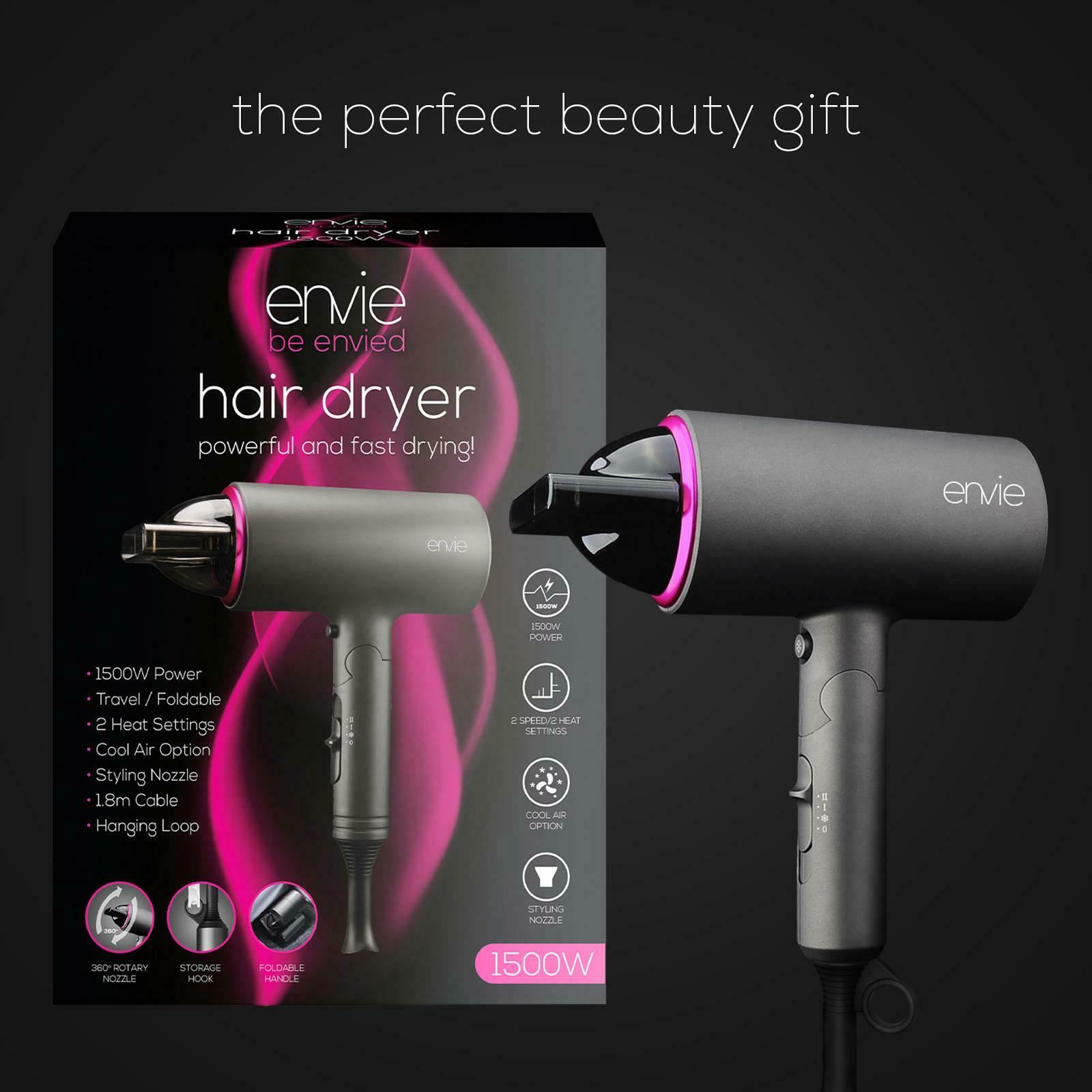 Envie Hair Dryer with Heat Setting & Lightweight Foldable Travel Handle, 1500W