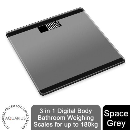 Aquarius 3 in 1 Digital Bathroom Scales with Step-On Technology and Auto Shut Off, Max 180kg, 4 Colours - Space Grey