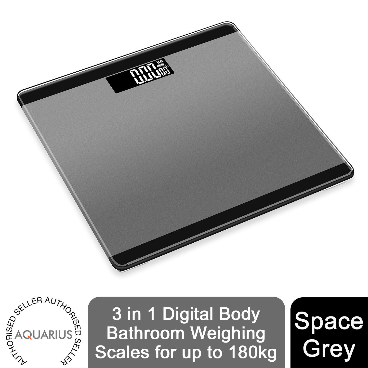 Aquarius 3 in 1 Digital Bathroom Scales with Step-On Technology and Auto Shut Off, Max 180kg, 4 Colours – Space Grey