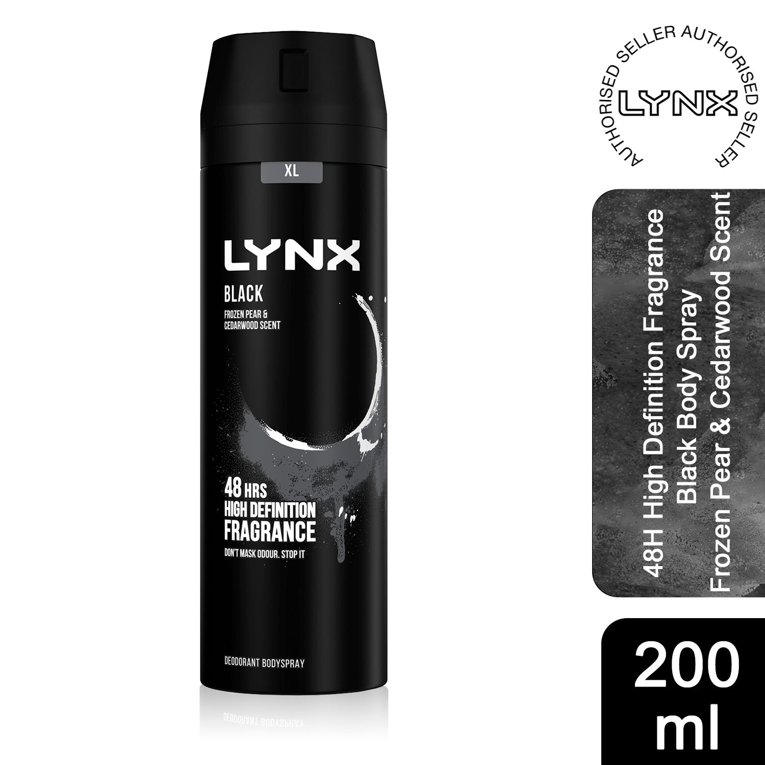 Lynx XL Black 48H Fresh Frozen Pear & Cedarwood Scent Body Spray Deo, 200ml