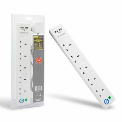 SMJ 5 Socket Surge Protected Extension Lead With 2.4A Dual USB Outlets, White